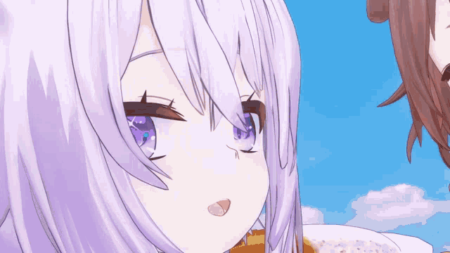 a close up of a girl with purple eyes and a plate of food