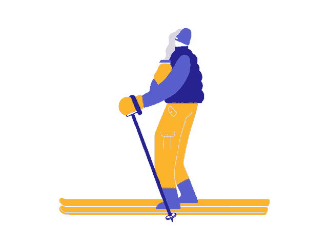 a cartoon drawing of a person skiing with a blue vest on