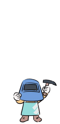 a cartoon drawing of a man wearing a welding helmet and holding a hammer