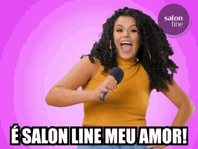 a woman singing into a microphone with the words salon line meu amor behind her