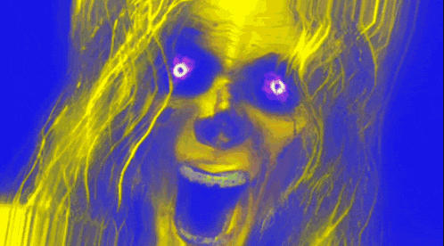 a painting of a ghost with purple eyes on a blue background