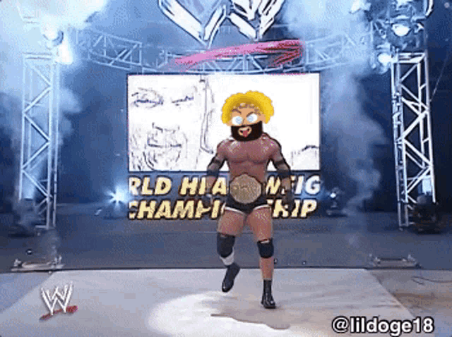 a cartoon of a wrestler in front of a large screen that says world heavyweight championship