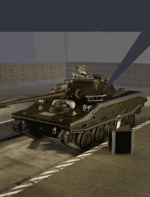 a tank is parked in a parking lot with a brick wall behind it