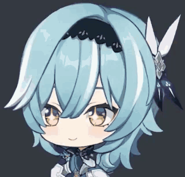 a close up of a chibi drawing of a girl with blue hair .