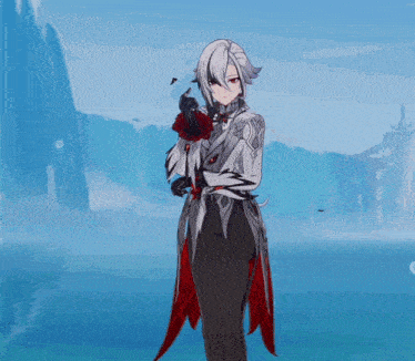 a girl with white hair is holding a rose in her hand