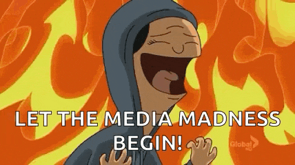 a cartoon character is laughing and saying `` let the media madness begin '' .