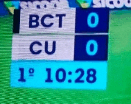 a scoreboard shows the score of a soccer game between bct and cu at 10:28 .