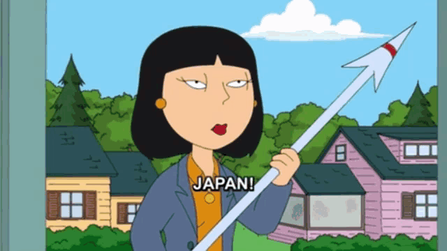 a woman in a cartoon holding a spear that says japan on it