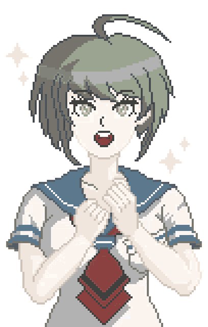 a pixel art of a girl with green eyes and a red tie