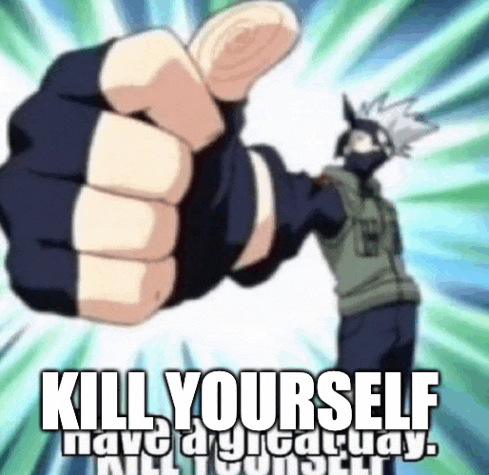 a cartoon character is giving a thumbs up and says kill yourself