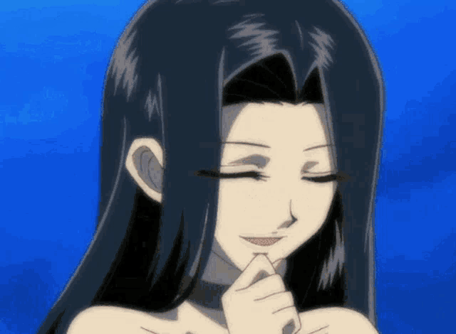 a woman with long black hair is making a funny face