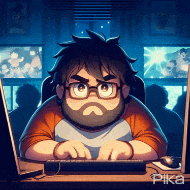 a man with glasses and a beard is typing on a keyboard with pika written on the bottom right