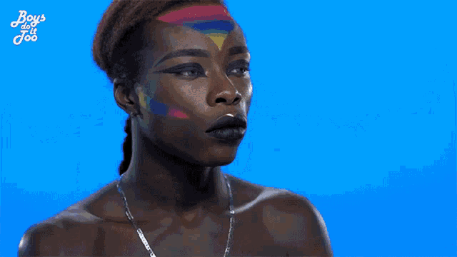 a close up of a woman 's face with boys do n't joo written on the bottom right