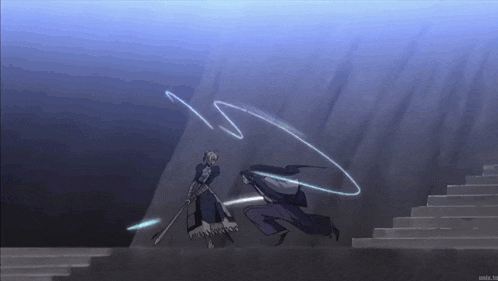a man with a sword and a woman with a sword are fighting