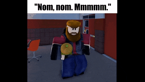 a man with a beard is holding a hamburger and says " nom nom mmmmmm "