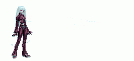 a pixel art of a woman holding a sword with a blue beam coming out of her hand .