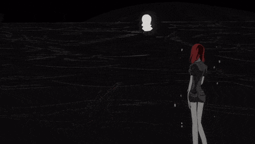 a black and white drawing of a woman with red hair standing in the dark
