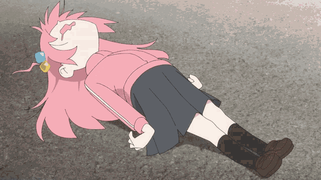 a girl with pink hair is laying on the ground with her eyes closed