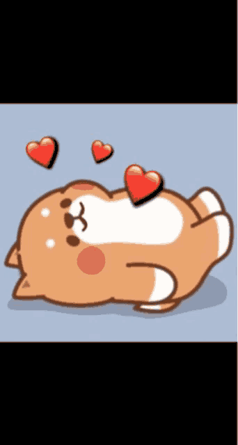 a cartoon dog is laying on its back with hearts floating around it