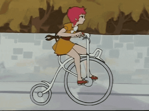 a cartoon girl in a yellow dress is riding a bicycle