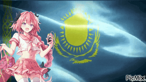 a girl with pink hair is standing in front of a flag with pigmix written on the bottom right