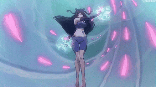 a woman in a blue dress is standing in front of a blue background with pink petals .