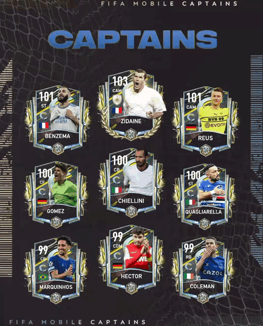 a poster for fifa mobile captains shows players such as gomez hector and marquinhos