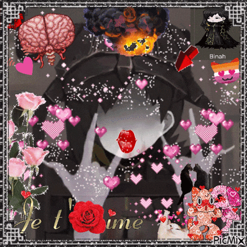 a picture of a girl surrounded by hearts and flowers with the words je t'aime