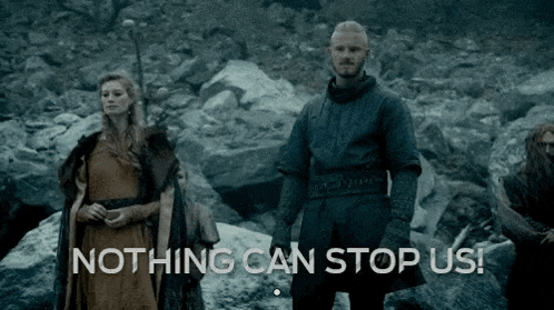 a man and a woman are standing next to each other with the words nothing can stop us