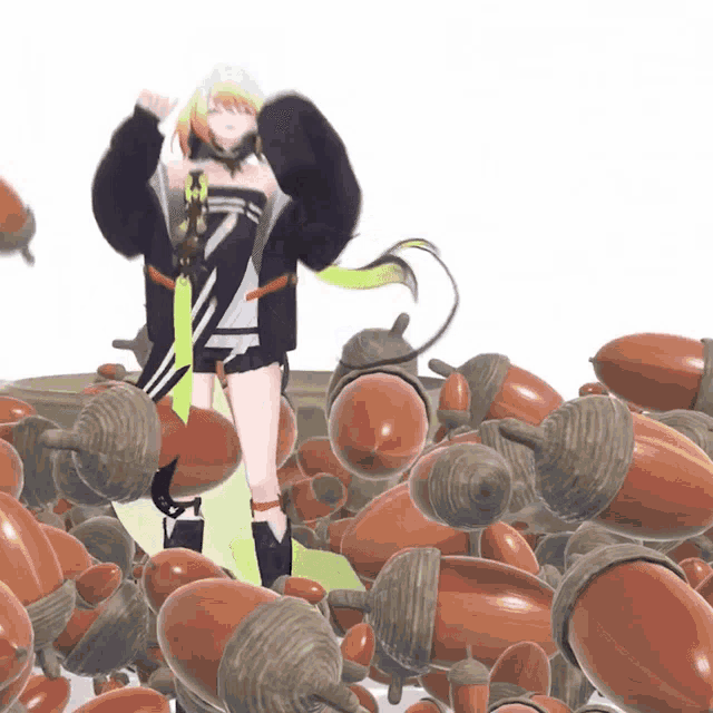 a cartoon character is surrounded by a bunch of acorns on a white background