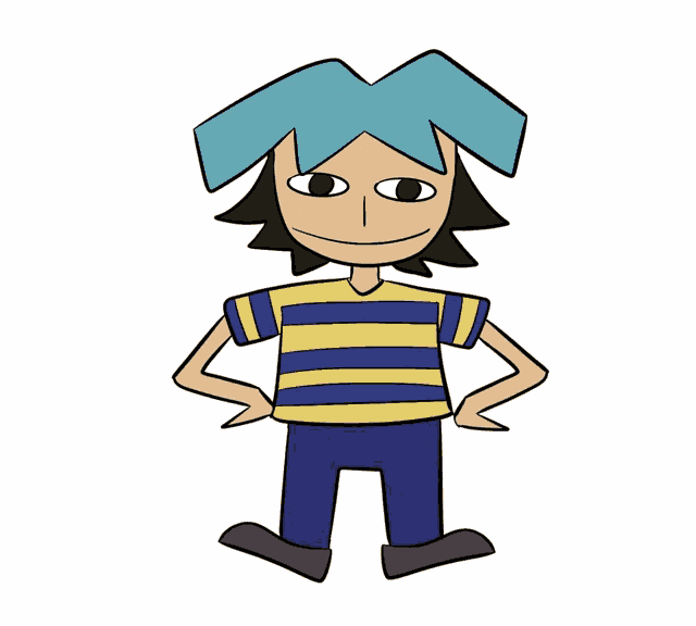 a cartoon character with blue hair and a yellow and blue striped shirt stands with his hands on his hips