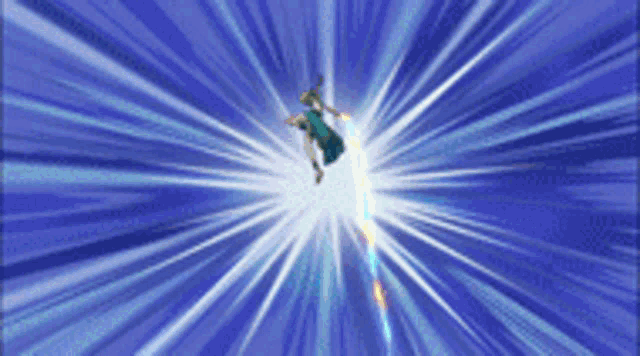 a person in a blue shirt is flying through a blue light