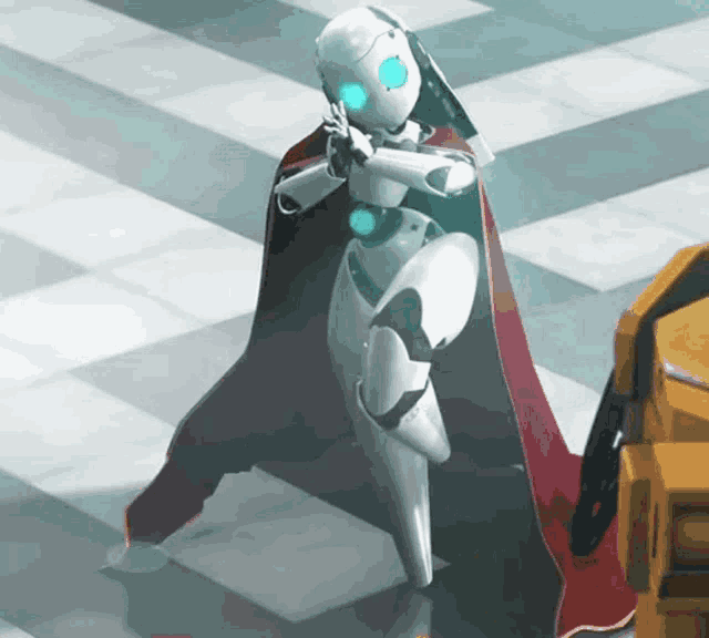 a robot with blue eyes and a red cape is standing on a chess board