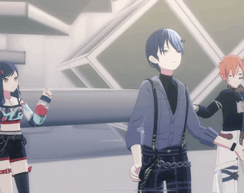 a group of anime characters standing next to each other with one of them wearing a shirt that says " i love you " on the front