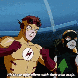 a cartoon character says hit those ugly aliens with their own mojo .