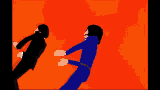 a cartoon of two people dancing in front of a red background .