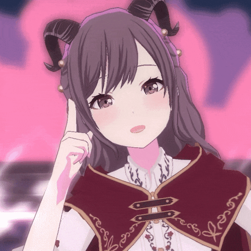 a girl with horns is wearing a red cape and a white top