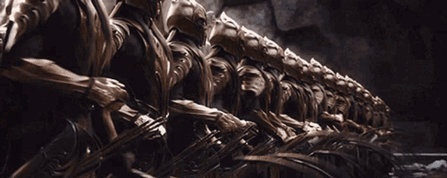 a large group of people wearing horse masks are holding spears