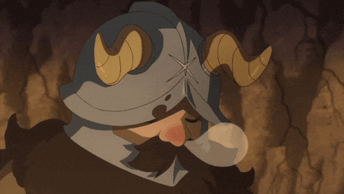 a cartoon character wearing a helmet with horns on it