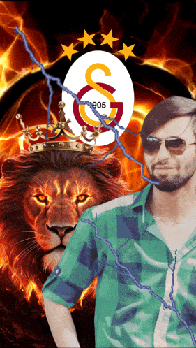 a man wearing sunglasses stands in front of a lion with a 1905 logo in the background