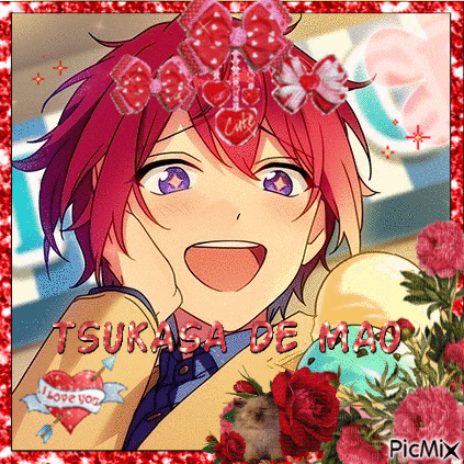 a picture of a boy with red hair and purple eyes with the words tsukasa de mao written on it