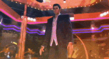 a man in a suit is dancing on a pole in a nightclub .