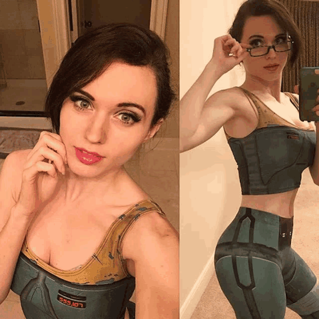 a woman taking a selfie wearing a crop top that says l.o.p.s.s. on it