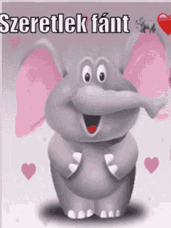 a cartoon elephant with pink ears is surrounded by pink hearts