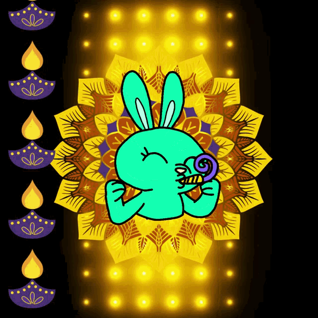 a cartoon of a rabbit eating a lollipop in front of a yellow mandala