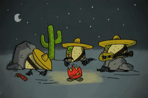 a cartoon of tacos with sombrero hats playing guitars in front of a campfire