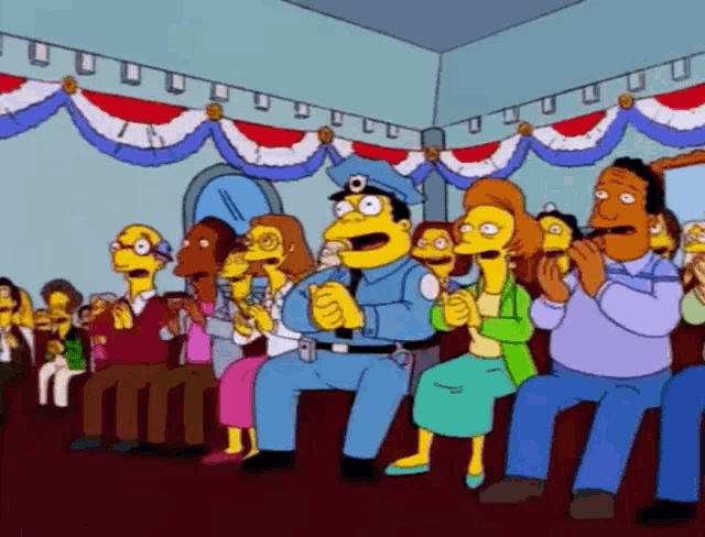 a group of cartoon characters are sitting in a room applauding a police officer .