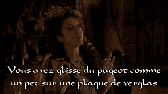 a picture of a woman with the words " vous avez glisse du pageot comme un pet sur une plaque de verglas " below her