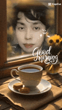 a cup of coffee sits on a saucer next to a man 's face and the words " good morning "