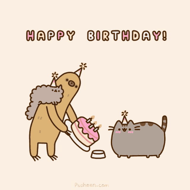 a cartoon of a sloth holding a cake with candles and the words " happy birthday "